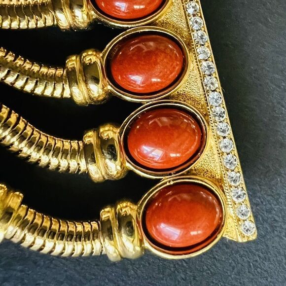 Vintage Huge Dangle Brooch Black Rusty Red Cabochon Stones Gold Tone OOAK 4241 - Picture 6 of 12